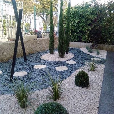 Aménagement paysager avec gravier et plantes décoratives, création d'un espace extérieur harmonieux par RC Espaces Verts.